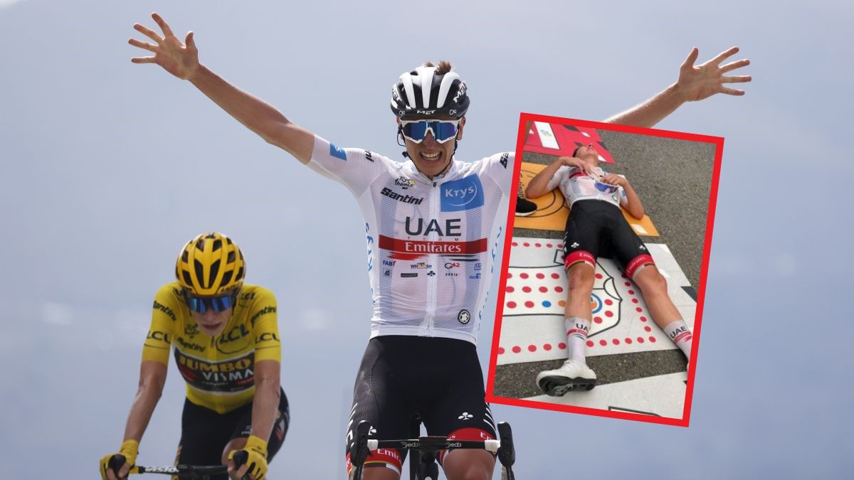 Tadej Pogacar wygrywa 17 etap Tour de France 2022; na małym zdjęciu: Pogacar wyczerpany za linią mety