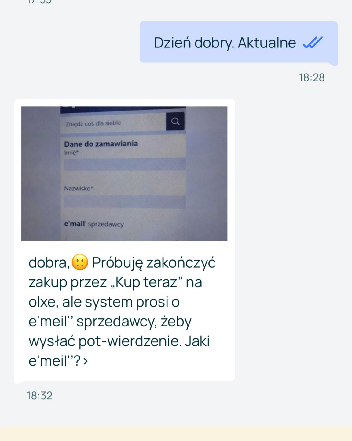 Rozmowa z botem na czacie OLX