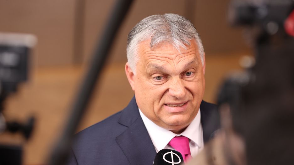BRUSSELS, BELGIUM - MAY 30: Prime Minister of Hungary Victor Orban speaks to media as he arrives for the first day of a special meeting of the European Council at The European Council Building in Brussels on May 30, 2022. (Photo by Dursun Aydemir/Anadolu Agency via Getty Images)