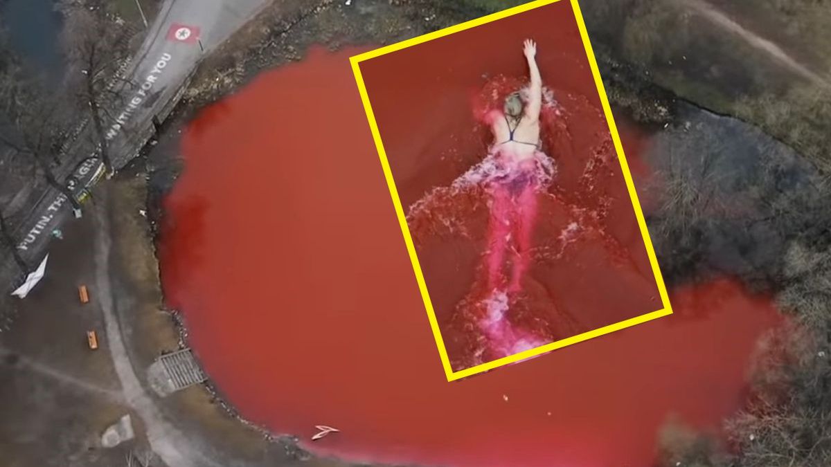 Zdjęcie okładkowe artykułu: Twitter / Ruta Meilutyte / Na zdjęciu: Ruta Meilutyte w stawie w Wilnie, w którym woda została zafarbowana na czerwono