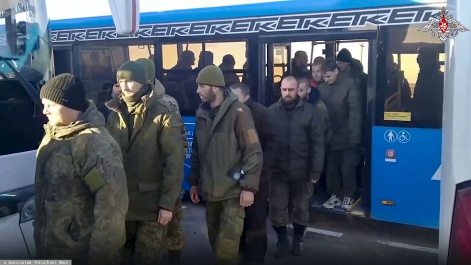 Temporary
In this handout photo taken from video released by Russian Defense Ministry Press Service on Tuesday, Dec. 6, 2022, a group of Russian soldiers leave a bus after being released in a prisoners swap between Russia and Ukraine somewhere at an unspecified location. Russian and Ukrainian officials on Tuesday reported that Russia released 60 Ukrainian soldiers, while Ukraine turned over the same number of Russian troops. (Russian Defense Ministry Press Service via AP)