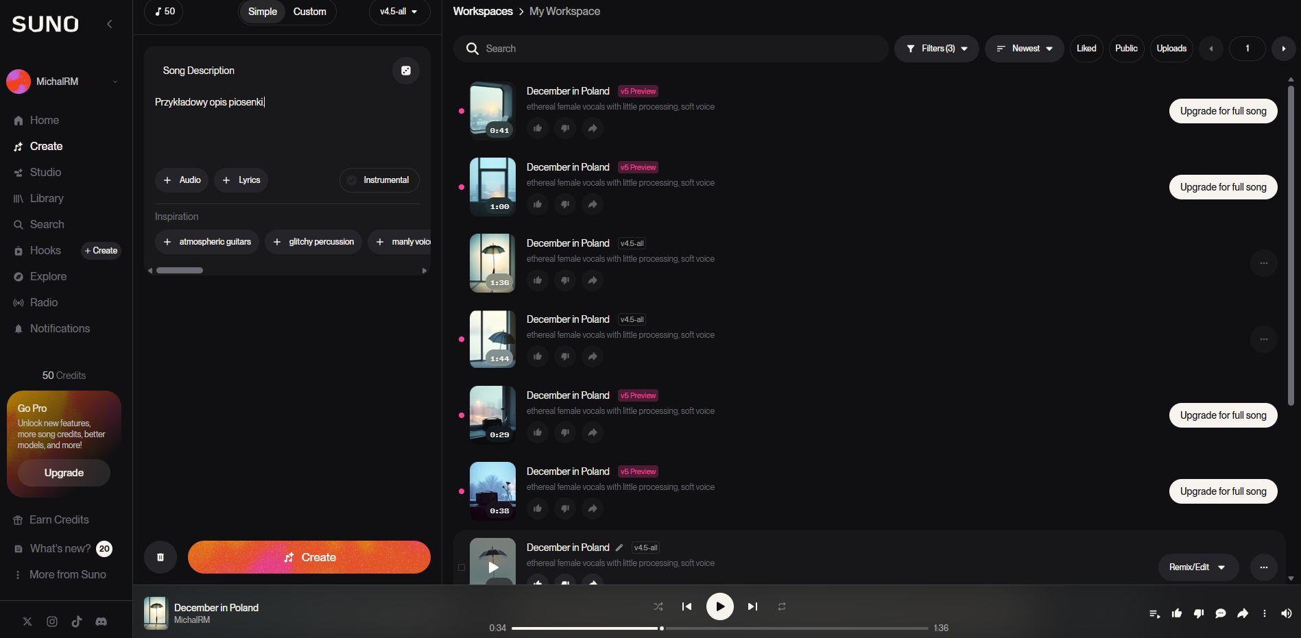 Tak wygląda narzędzie Suno do generowania muzyki na bazie tekstu