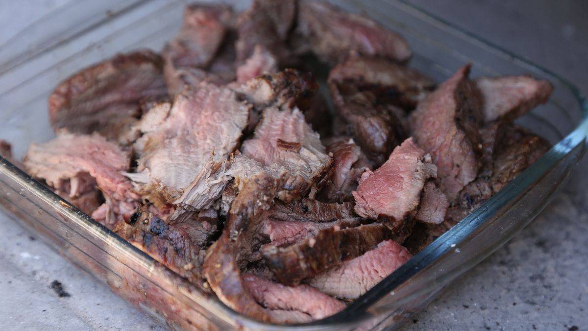 Sliced medium rare ostrich steak inside a glass container.
Sliced medium rare ostrich steak inside a glass container. This photo has selective focus.
Matthew de Lange
