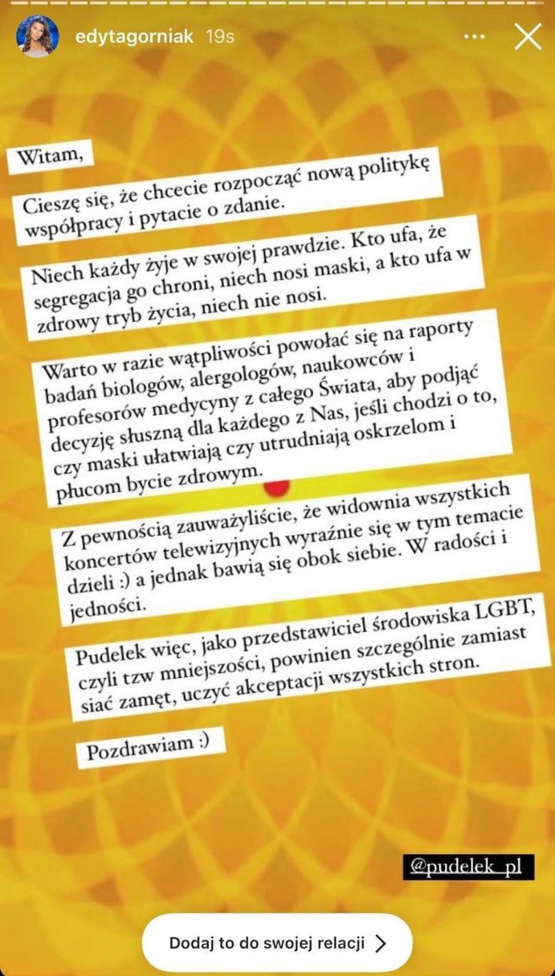 Edyta Górniak tłumaczy się z zerwania plakatu z nakazem noszenia maseczek
