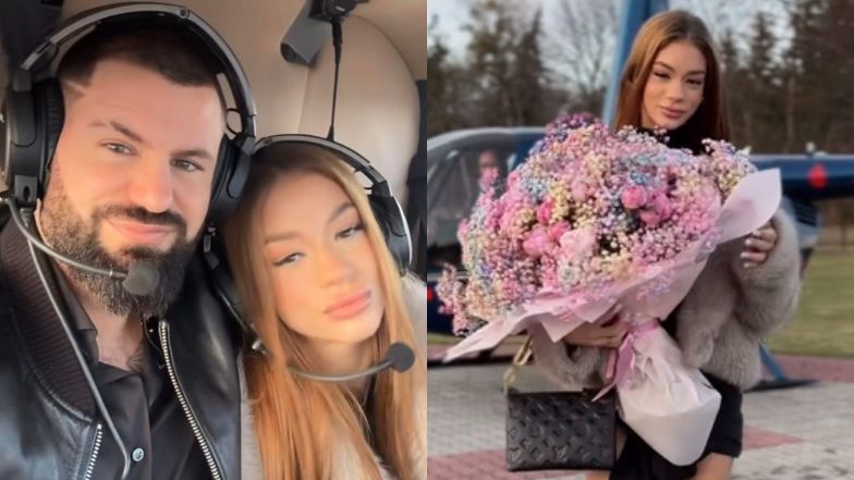 Dziewczyna Wojtka Goli maszeruje z helikoptera z bukietem kwiatów i torebką za 19 tys. złotych. Milioner zabrał ją na wycieczkę (FOTO)