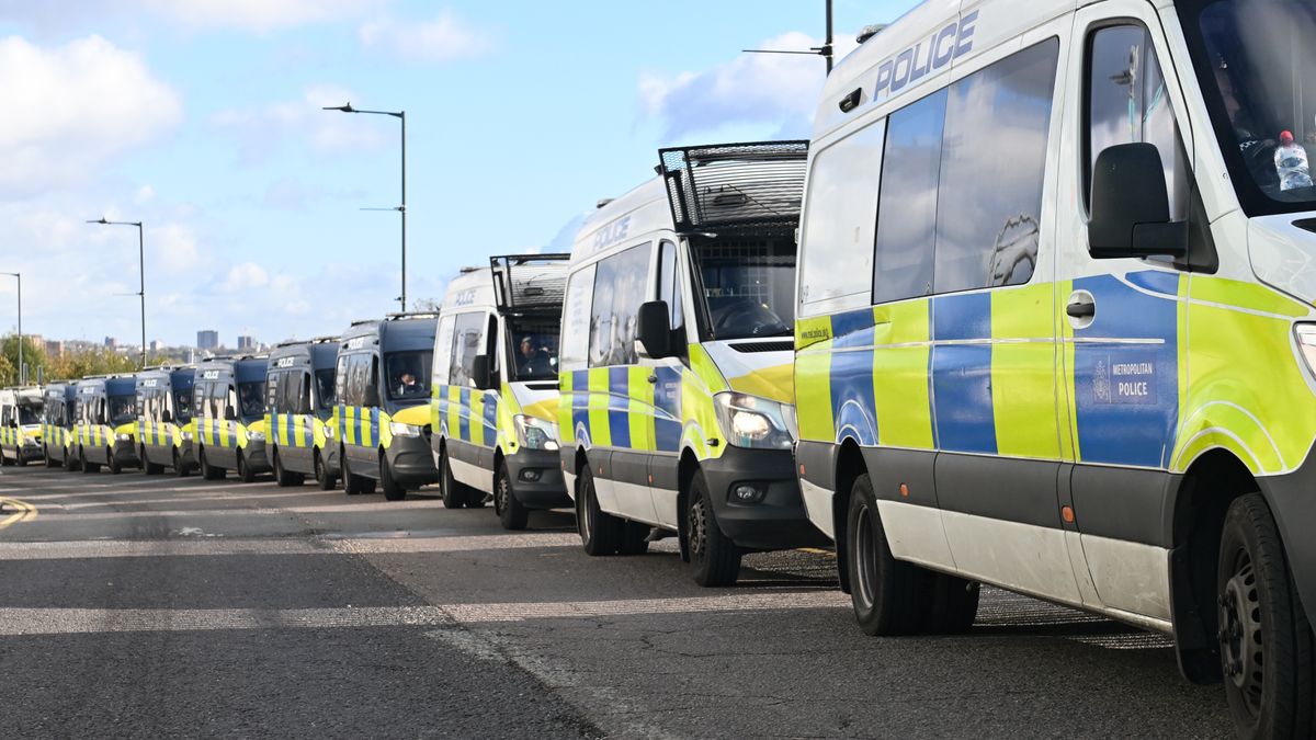 A row of police vehicles is outside Wembley prior to the UEFA Nations League 2024/5, League B, Group B2 match between England and the Republic of Ireland at Wembley Stadium in London, England, on November 17, 2024. (Photo by MI News/NurPhoto via Getty Images)