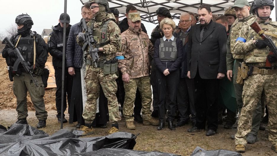 TemporaryEU Commission President Ursula von der Leyen, center, looks at covered bodies of killed civilians in Bucha, on the outskirts of Kyiv, Ukraine, Friday, April 8, 2022. (AP Photo/Efrem Lukatsky)AP