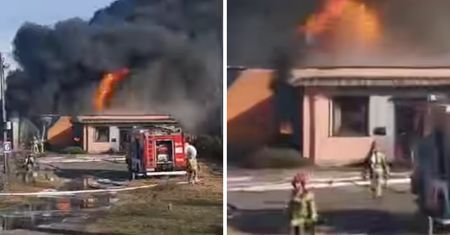 Pożar rozlewni rozcieńczalników. Na niebie czarny dym