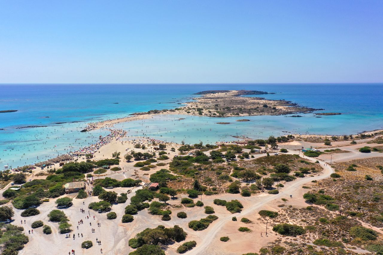 Aerial view of Elafonissi beach on the Greek island of Crete on August 22, 2023 in Elafonissi, Greece. (Photo by Patrick Ahlborn/DeFodi Images News via Getty Images)