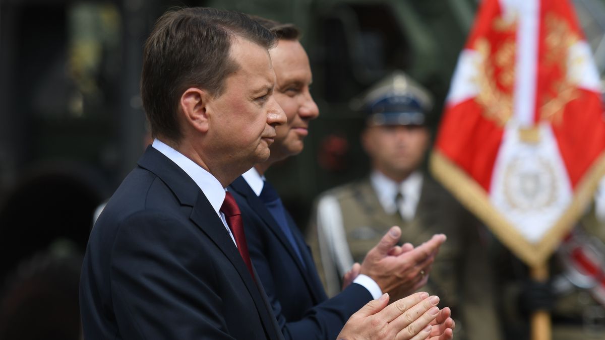 (Left-Right) Mariusz Blaszczak, Minister of National Defense, and Polish President Andrzej Duda during the official ceremony of general and admiral nominations on the Armed Forces Day in Katowice. 
On Thursday, August 15, 2019, in Katowice, Silesia Province, Poland. (Photo by Artur Widak/NurPhoto via Getty Images)