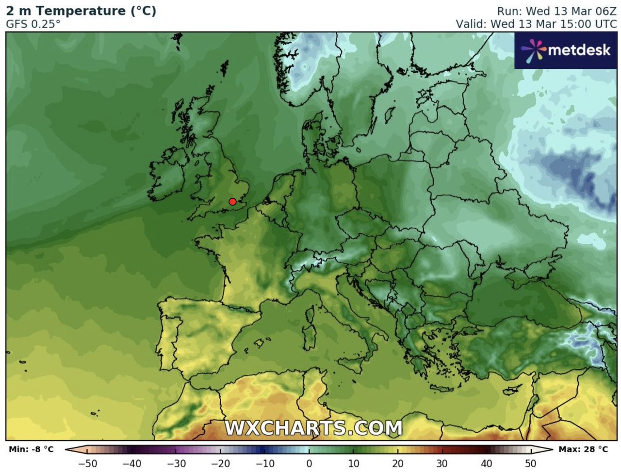 Temperatura powietrza w Europie, w dniu 13 marca