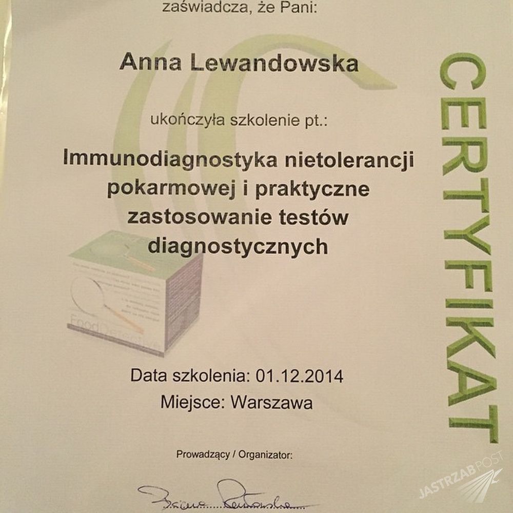 Certyfikat Anny Lewandowskiej