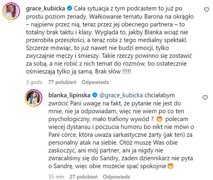 Blanka Lipińska odpowiedziała matce Sandry Kubickiej