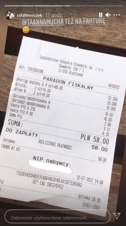 Rafał Mroczek pochwalił się paragonem za obiad