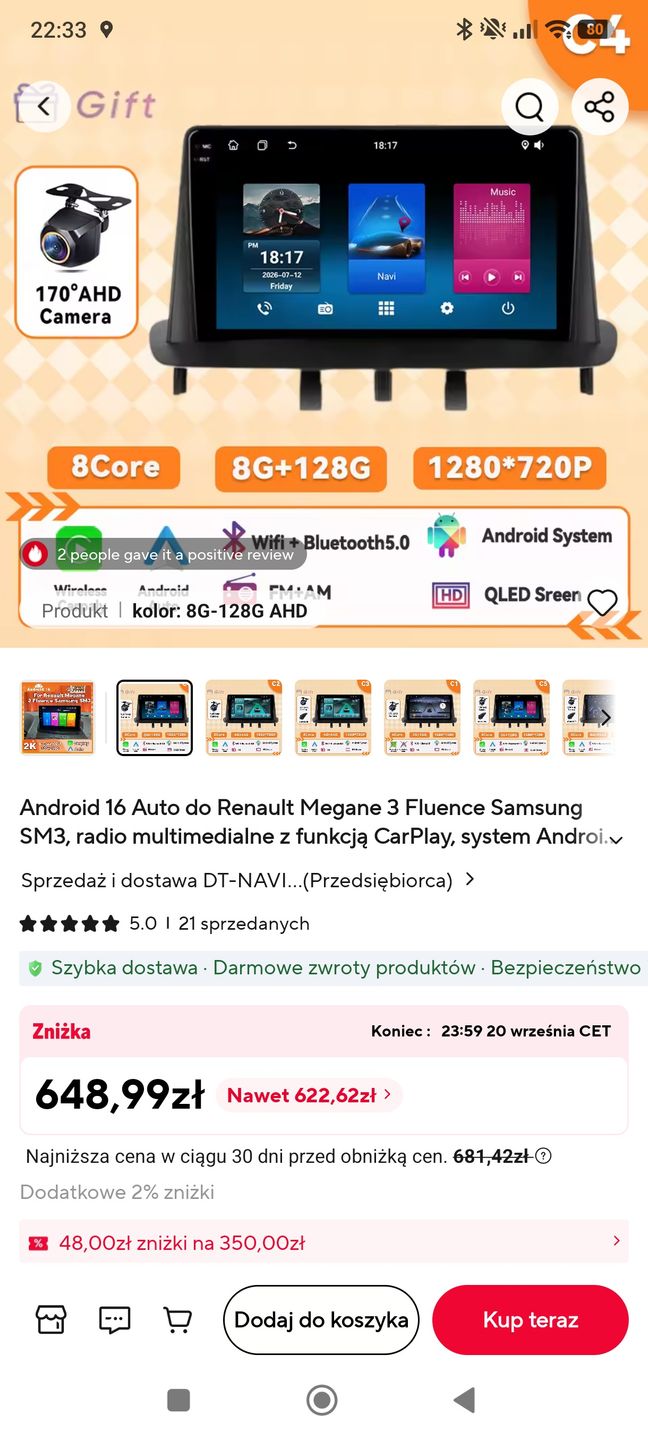 Oferta na AliExpress z deklarowaną przez sprzedawcę specyfikacją radia samochodowego
