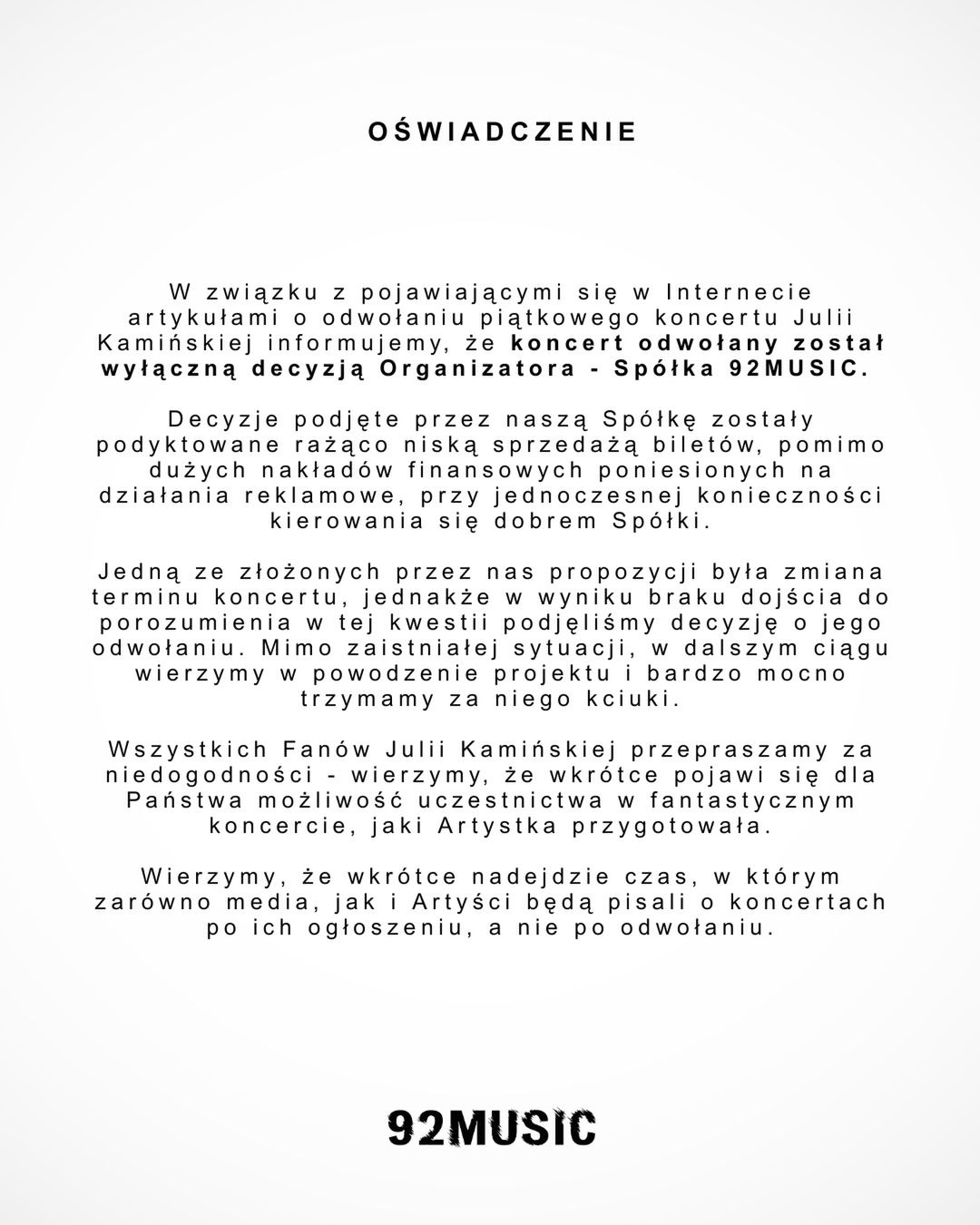 Oświadczenie w sprawie odwołanego koncertu Julii Kamińskiej