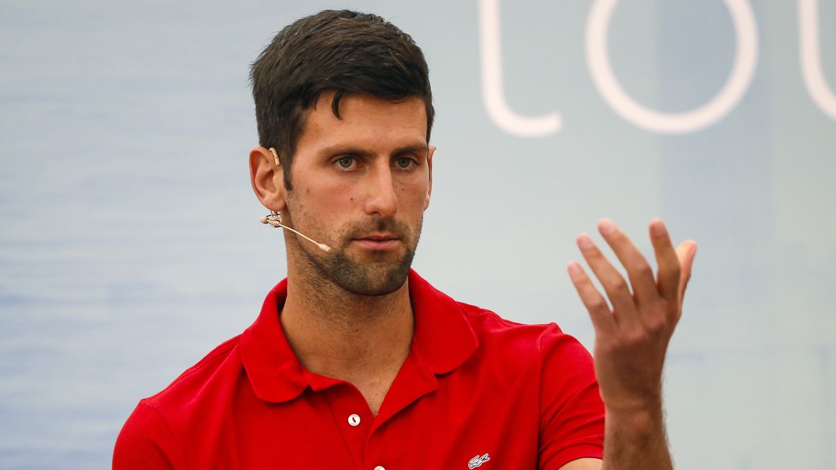 BELGRADE, SERBIA - MAY 25: Novak Djokovic of Serbia speaks to the media at a news conference on the upcoming Adria Tour tennis tournament at Novak Tennis Centre on May 25, 2020 in Belgrade, Serbia. (Photo by Srdjan Stevanovic/Getty Images)