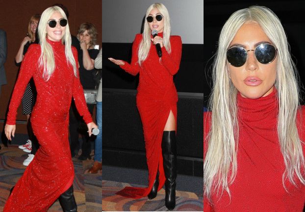 Elegancka Lady Gaga gra nogą w czerwonej sukience za 30 tysięcy