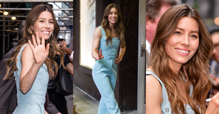 Rozpromieniona Jessica Biel w kombinezonie za 12 tysięcy złotych