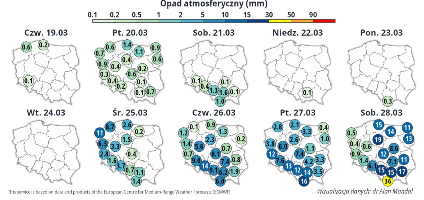Przewidywane opady deszczu