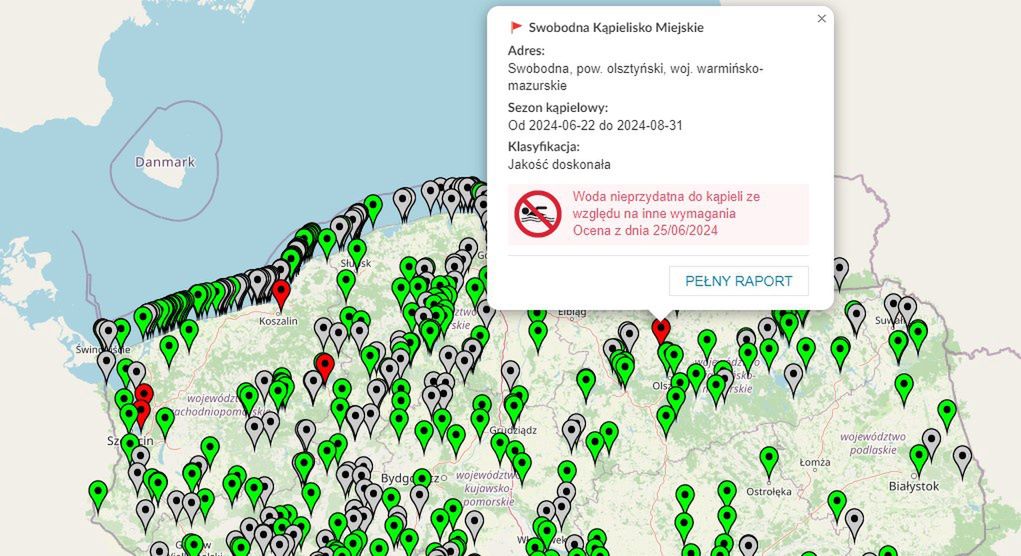 Zakaz wchodzenia do wody w kąpielisku nad jeziorem Limajno