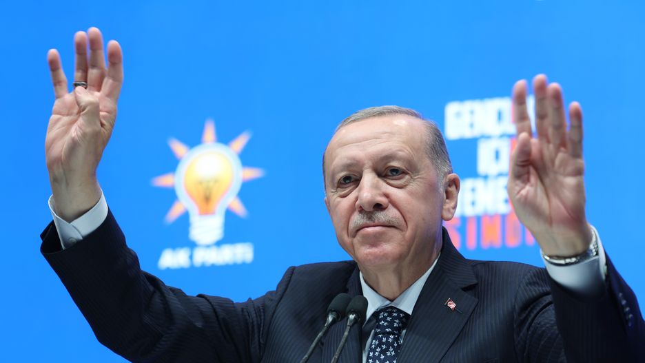 ANKARA, TURKIYE - APRIL 25: Turkish President and Leader of the Justice and Development (AK) Party, Recep Tayyip Erdogan greets the crowd during the âRight Now for the Youthâ Event held by the AK Party Youth Branch Presidency in Ankara, Turkiye on April 25, 2023. (Photo by Mustafa Kamaci/Anadolu Agency via Getty Images)
