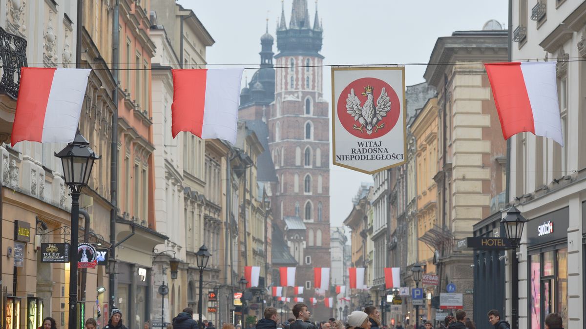 Poland ready to celebrate the 99th Independence Day
A view of Krakow's Florianska Street decorated for the 11th November Polish Independence Day, as the country prepare to commemorate the 99th anniversary of the restoration of Poland's sovereignty as the Second Polish Republic in 1918.
On Friday, 10 November 2017, in Krakow, Poland. (Photo by Artur Widak/NurPhoto via Getty Images)
NurPhoto
1918, 1918-2017, 2017, 99th, Artur Widak, Cracov, Day, Florianska Street, History, Independence, Krakow, Marechal Pilsudski, Poland, Polands, Polish, Polish Flag, Polish History, Polish Independence, Polish Independence Day, Polish colors, Second Polish Republic, White and Red, anniversary, commemoration, flag, national, nurphoto, restoration, sovereignty, street