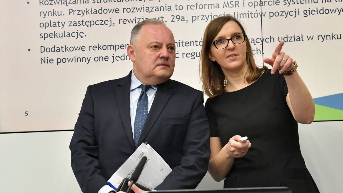 Prezes PGE Wojciech Dąbrowski (L) oraz rzeczniczka prasowa Małgorzata Babska (P) podczas konferencji prasowej w Centrum Prasowym PAP w Warszawie
