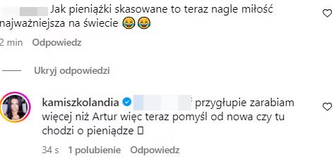 Na zdjęciu: odpowiedź Kamili Wybrańczyk na wpis internauty (fot. 'Przegląd Sportowy Onet')