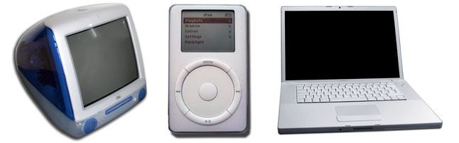 Od lewej: iMac G3, iPod (druga generacja), MacBook Pro