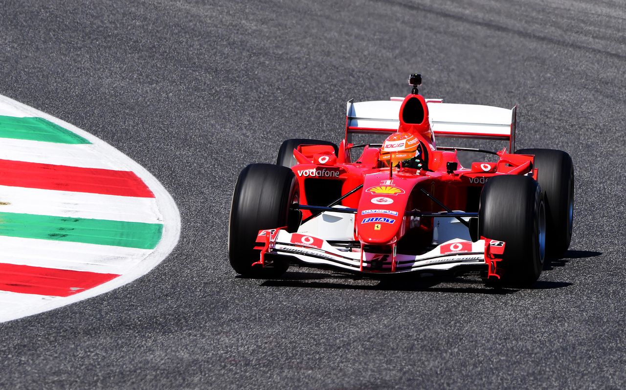 SCARPERIA, ITALY - SEPTEMBER 13: Mick Schumacher of Germany drives the Ferrari F2004 of his father Michael Schumacher before the F1 Grand Prix of Tuscany at Mugello Circuit on September 13, 2020 in Scarperia, Italy. (Photo by Jenifer Lorenzini - Pool/Getty Images)