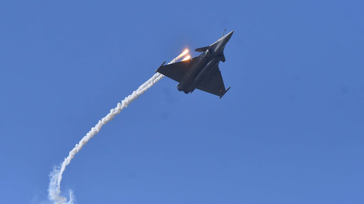 The Indian Air Force (IAF) Rafale fighter jet performs as part of the 93rd Air Force Day celebrations in Guwahati, India, on November 8, 2025. (Photo by Anuwar Hazarika/NurPhoto via Getty Images)