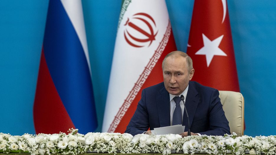 TEHRAN, IRAN - JULY 19: Turkish President Recep Tayyip Erdogan (not seen), Iranian President Ebrahim Raisi (not seen) and Russian President Vladimir Putin hold a joint tripartite news conference after the 7th summit in Astana format in Tehran, Iran on July 19, 2022. (Photo by Ali Balikci/Anadolu Agency via Getty Images)