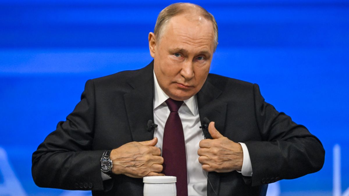 MOSCOW, RUSSIA - DECEMBER 14: Russian President Vladimir Putin attends annual special televised question-and-answer session and year-end news conference scheduled to take place at the Gostiny Dvor trade and exhibition centre in Moscow, Russia on December 14, 2023. (Photo by Sefa Karacan/Anadolu via Getty Images)