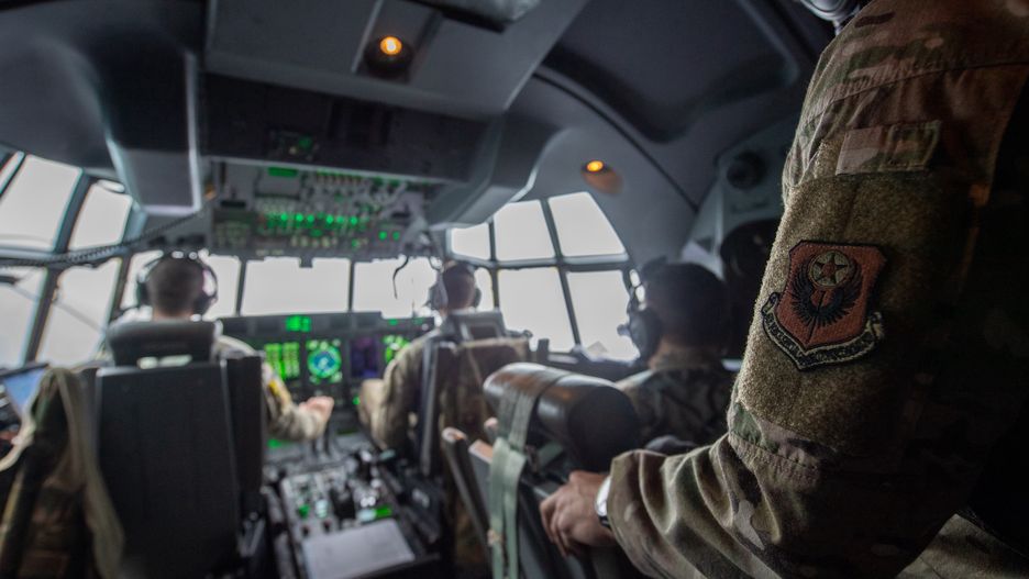 Flight crew in the cockpit of a US Air Force MC-130J Commando II from the 352nd Special Operations Wing based at RAF Mildenhall in Suffolk, during Exercise Point Blank. (Photo by Joe Giddens/PA Images via Getty Images)