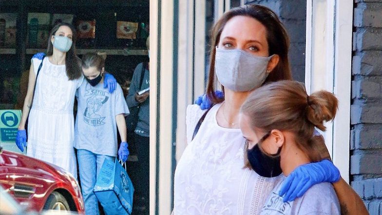 Ostrożna Angelina Jolie w maseczce i rękawiczkach robi zakupy z córką (ZDJĘCIA)