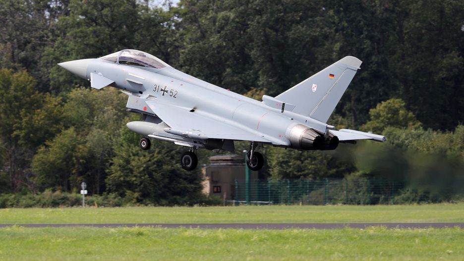 KERPEN, GERMANY - AUGUST 20: A German Luftwaffe Eurofighter Typhoon fighter jet takes off at a military base in Noervenich during the Blue Wings 2020 joint military exercises on August 20, 2020 near Kerpen, Germany. Among the Israeli Air Force aircraft participating are six F-16 fighter planes. These are the first Israeli fighter jets to ever land in Germany. The Blue Wings 2020 exercises will run for two weeks and other NATO member states will participate next week. (Photo by Andreas Rentz/Getty Images)