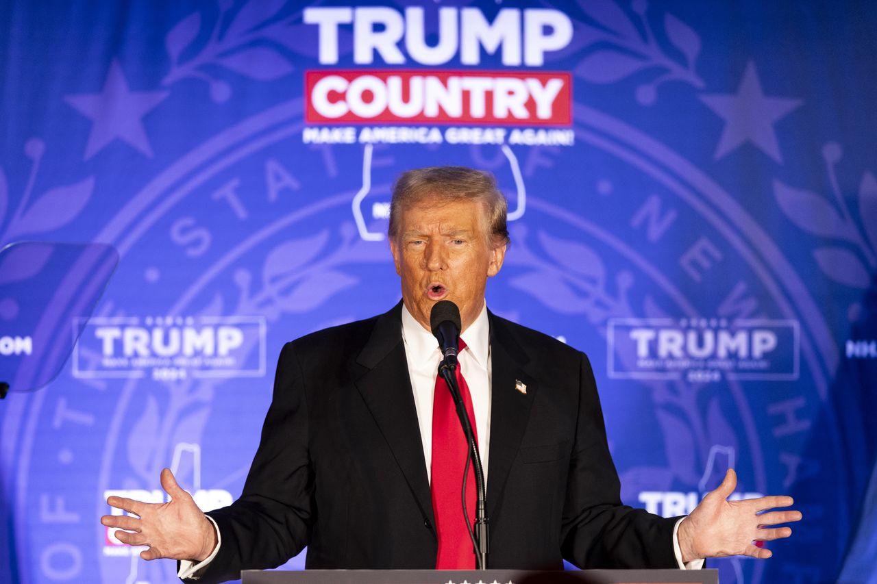 Former US President Donald Trump speaks during a campaign event in Portsmouth, New Hampshire, US, on Wednesday, Jan. 17, 2024. Trump signaled he would again make his stance on China a key part of his US presidential campaign strategy, drawing an unsubstantiated correlation between turbulence in the nations equity markets and his runaway Iowa Republican caucus victory. Photographer: Adam Glanzman/Bloomberg via Getty Images