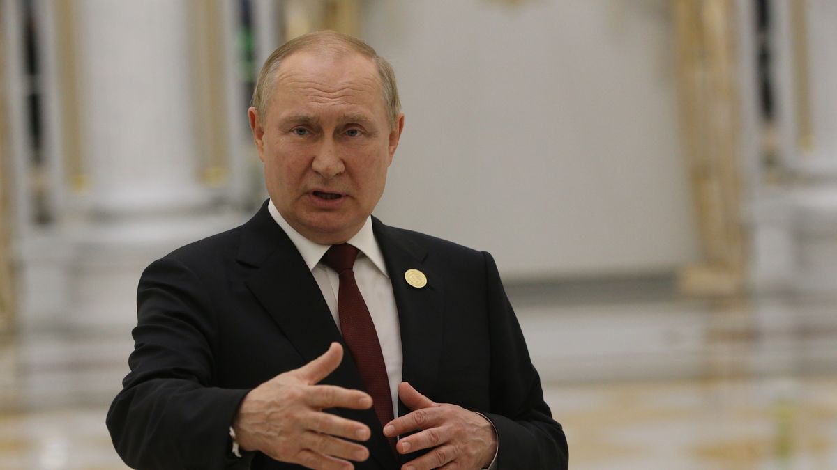 ASHGABAT, TURKMENISTAN - JUNE,29 (RUSSIA OUT) Russian President Vladimir Putin speeches during his press conference at the Ashgabat International Airport, late June,29,2022, in Ashgabat, Turkmenistan. Russian President Putin has arrived to Turkmenistan to attend the VI Caspian Summit. (Photo by Contributor/Getty Images)
