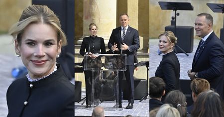 Marta Nawrocka wystrojona w taliowaną marynarkę ze stójką czyta z mężem "Dziady" (ZDJĘCIA)