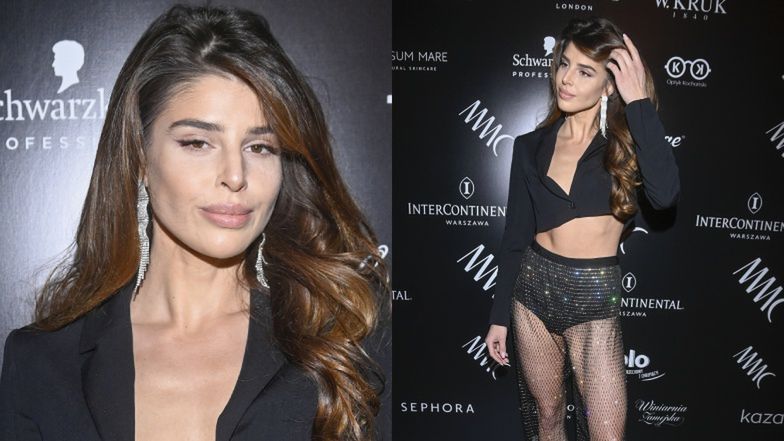 Anna Markowska w błyszczącej siateczce ZALOTNIE spogląda w obiektywy na pokazie MMC w Warszawie (ZDJĘCIA)