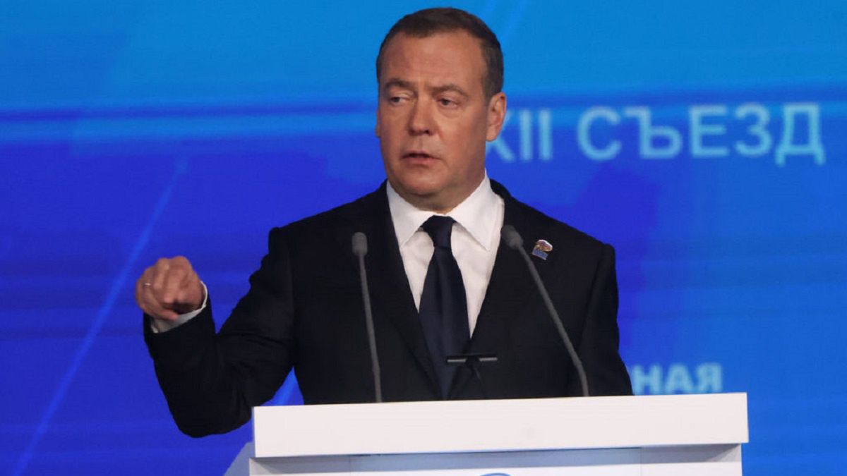 Russian President Vladimir Putin Attends Annual United Russia Party Congress In MoscowMOSCOW, RUSSIA - DECEMBER 14: (RUSSIA OUT) Former Russian President Dmitry Medvedev delivers a speech to delegates during the plenary session of the 22th Congress of United Russia Party, December 14, 2024, in Moscow, Russia. Persident Putin visited an annual congress of his party. (Photo by Contributor/Getty Images)Contributor