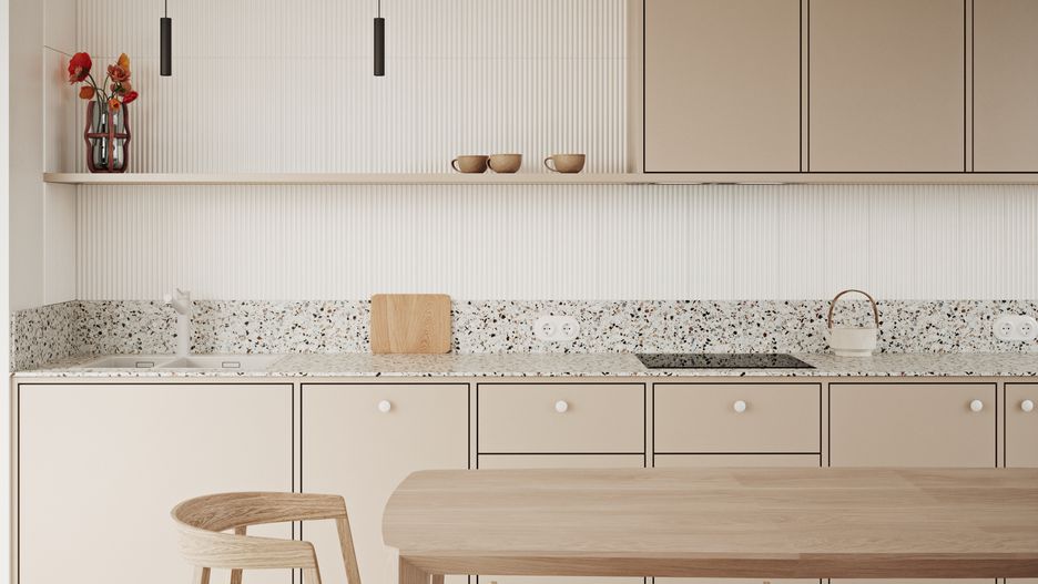 Dekory użyte w aranżacji:
Blat Ultrafit: S68048 UR Abruzzo Colore,
Płytę laminowaną z Kolekcji Mood Stories: U16003 Beż Piaskowy
