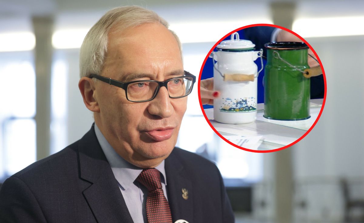 Kazimierz Smoliński przyniósł do studia dwie bańki mleka