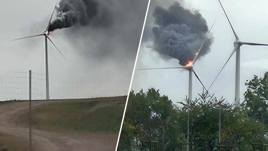 Pożar turbiny wiatrowej. Strażacy mogą tylko zabezpieczać teren