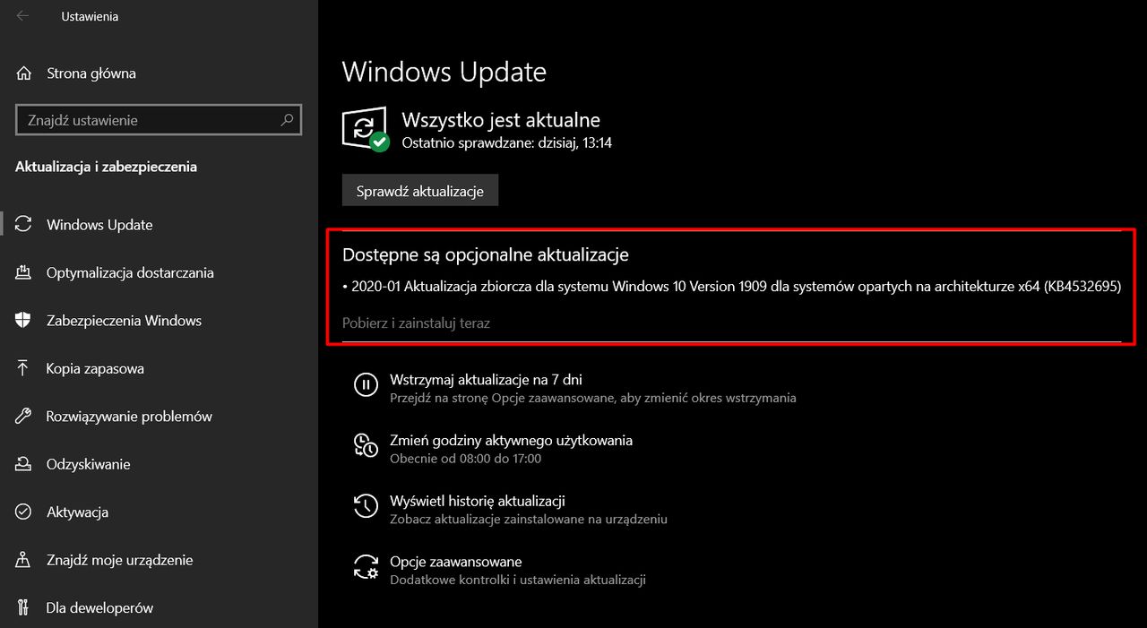 Aktualizacja KB4532695 jest już dostępna w Windows Update.