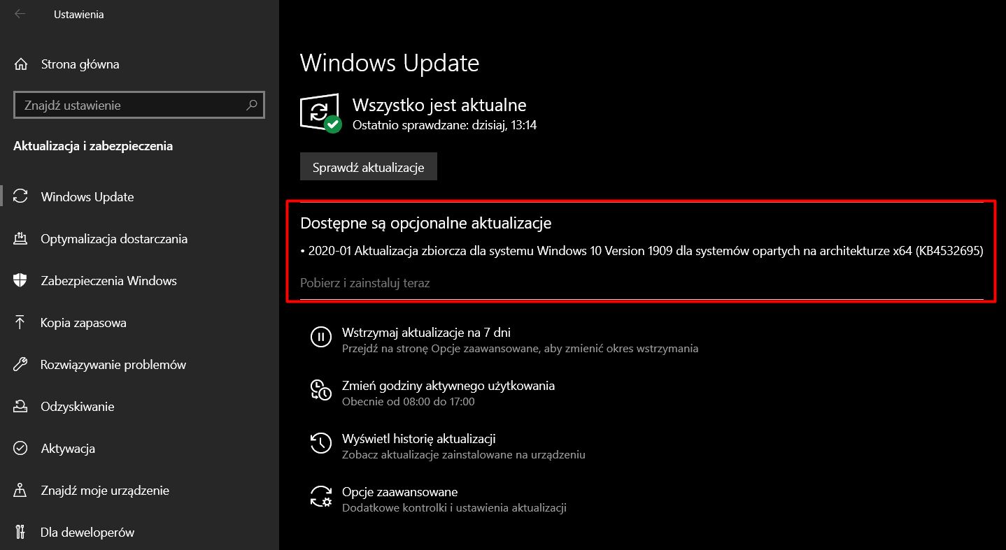 Aktualizacja KB4532695 jest już dostępna w Windows Update.