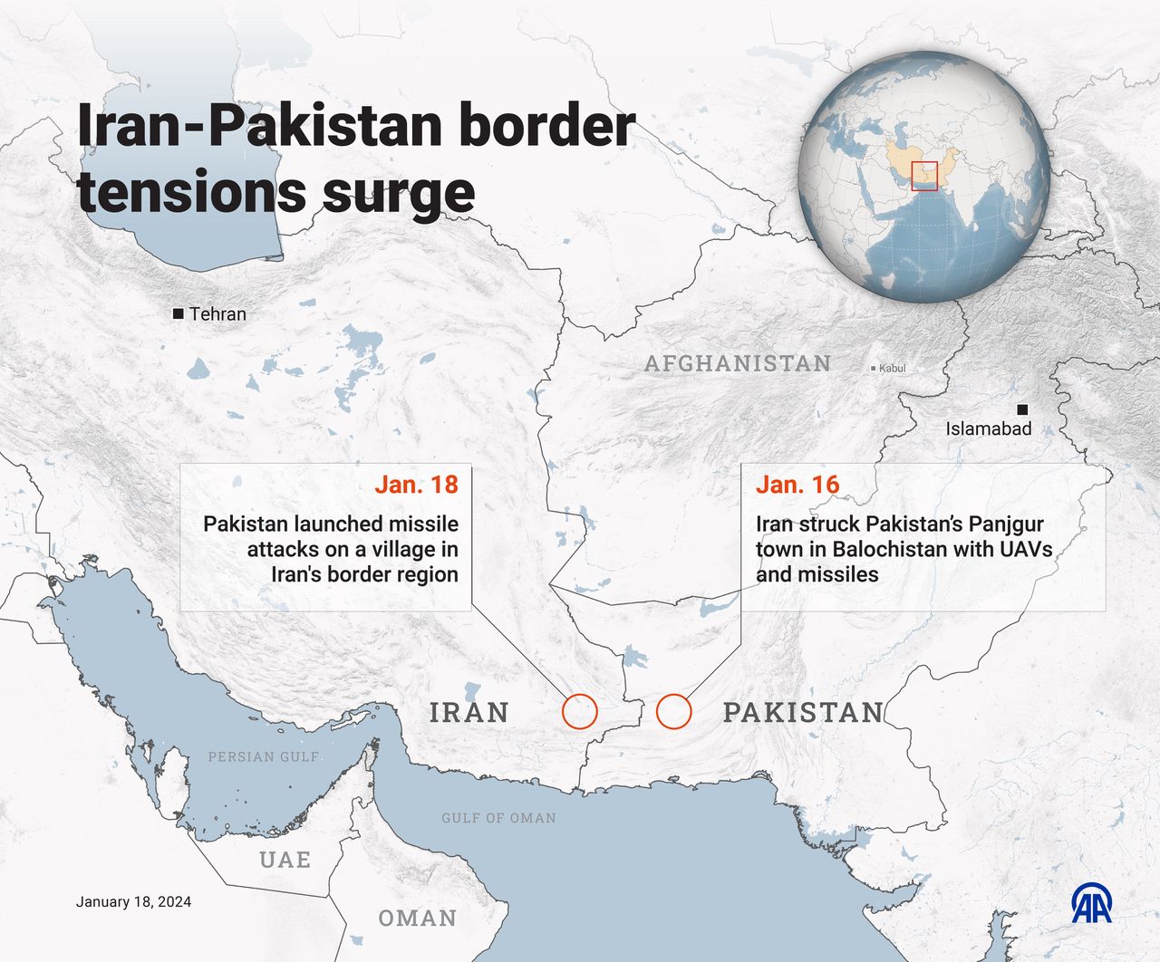 ANKARA, TURKIYE - JANUARY 18: An infographic titled 'Iran-Pakistan border tensions surge' created in Ankara, Turkiye on January 18, 2024. (Photo by Elmurod Usubaliev/Anadolu via Getty Images)