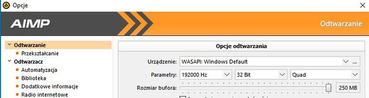 Konfiguracja w AIMP dla odtwarzania muzyki z 4 głośników