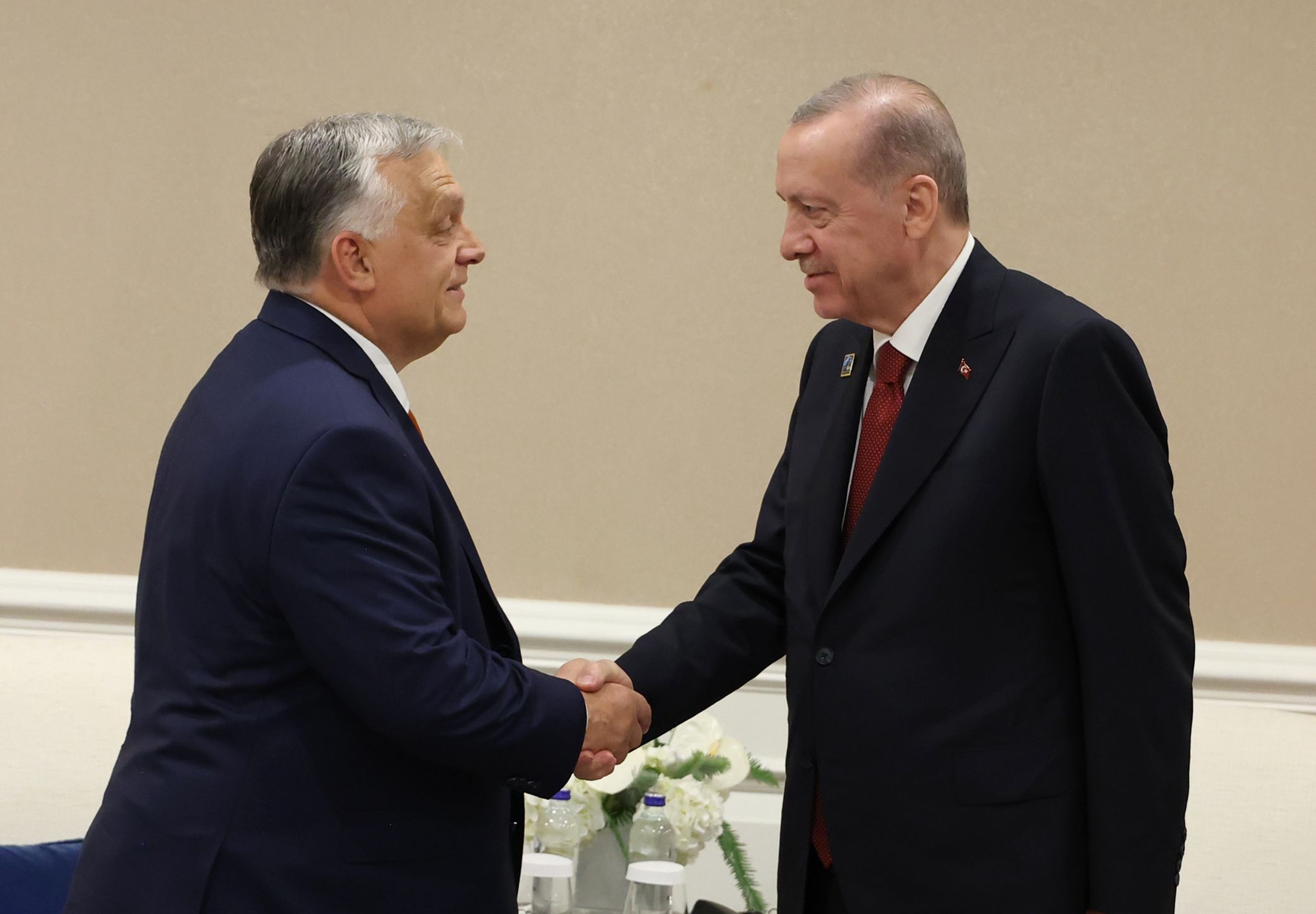 WASHINGTON DC, USA - JULY 09: (----EDITORIAL USE ONLY - MANDATORY CREDIT - ' TURKISH PRESIDENCY / MURAT KULA/ HANDOUT' - NO MARKETING NO ADVERTISING CAMPAIGNS - DISTRIBUTED AS A SERVICE TO CLIENTS----) Turkish President Recep Tayyip Erdogan (R) receives Hungarian Prime Minister Viktor Orban (L) as part of the NATO summit in Washington DC., United States on July 09, 2024. Washington is hosting the three-day summit where 32 NATO allies will make key decisions about how to continue to protect their 1 billion citizens as the world faces 'the most dangerous' security environment since the Cold War, as well as mark the 75th anniversary of the alliance. (Photo by Turkish Presidency/Murat Kula / Handout/Anadolu via Getty Images)